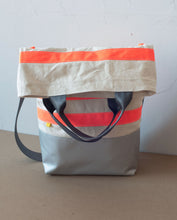 Load image into Gallery viewer, Urban Field Bag - Silver and Orange Striped with Seat belt Strap
