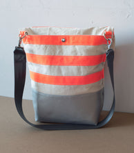 Load image into Gallery viewer, Urban Field Bag - Silver and Orange Striped with Seat belt Strap
