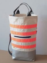 Load image into Gallery viewer, Urban Field Bag - Silver and Orange Striped with Seat belt Strap
